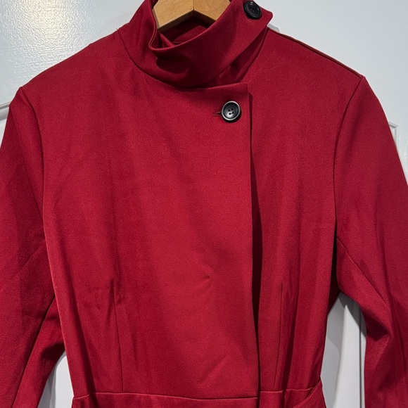 Mooyius Burgundy/Red High-Neck Asymmetrical Belted A-Line Dress Size Small-New! - Picture 2 of 9